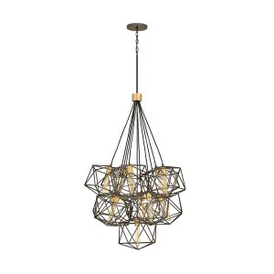 Hinkley Astrid 11 light large pendant cluster in matte bronze and gold on white background.