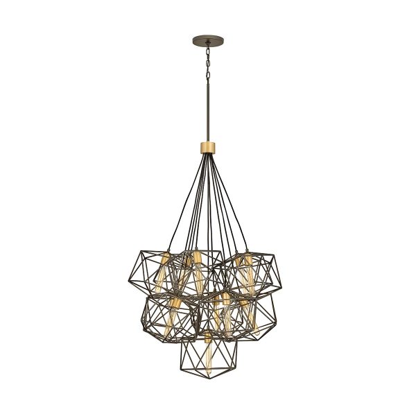 Hinkley Astrid 11 light large pendant cluster in matte bronze and gold on white background.