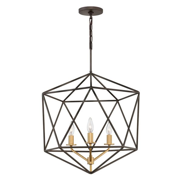 Hinkley Astrid 3 light pendant chandelier in matte bronze and gold on white background.