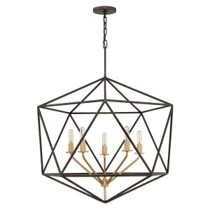 Hinkley Astrid 5 light pendant chandelier in matte bronze and gold on white background.