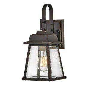 Hinkley Bainbridge small outdoor wall lantern in oil rubbed bronze on white background.