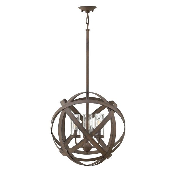 Hinkley Carson 3 light outdoor chandelier in vintage iron, full height on white background.