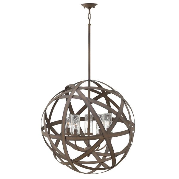 Hinkley Carson 5 light outdoor chandelier in vintage iron on white background.