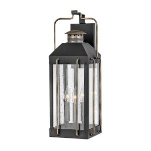 Hinkley Fitzgerald 3 light large outdoor wall lantern in textured black on white background.