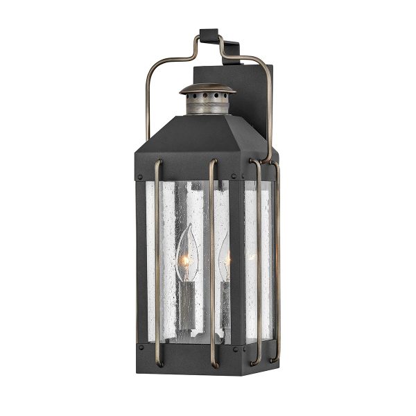 Hinkley Fitzgerald 2 light medium outdoor wall lantern in textured black on white background.