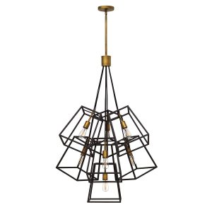 Hinkley Fulton 7 light industrial chandelier cluster in two-tone bronze, full height on white background.