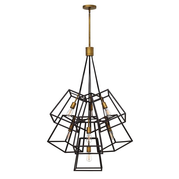 Hinkley Fulton 7 light industrial chandelier cluster in two-tone bronze, full height on white background.