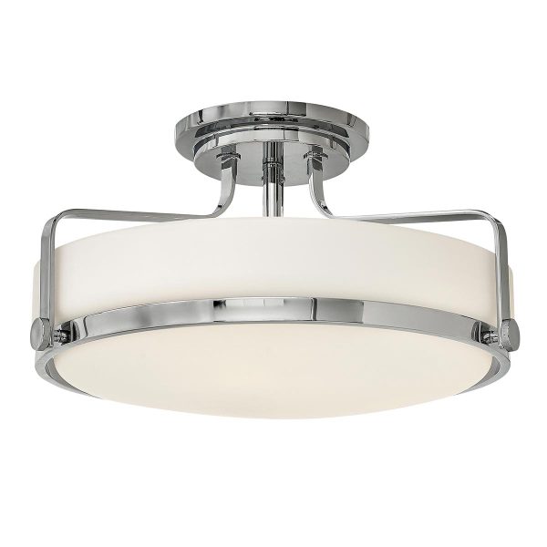 Harper 3 light medium semi flush light in polished chrome with opal glass on white background