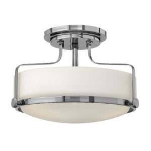 Hinkley Harper small semi flush light in polished chrome with opal glass on white background