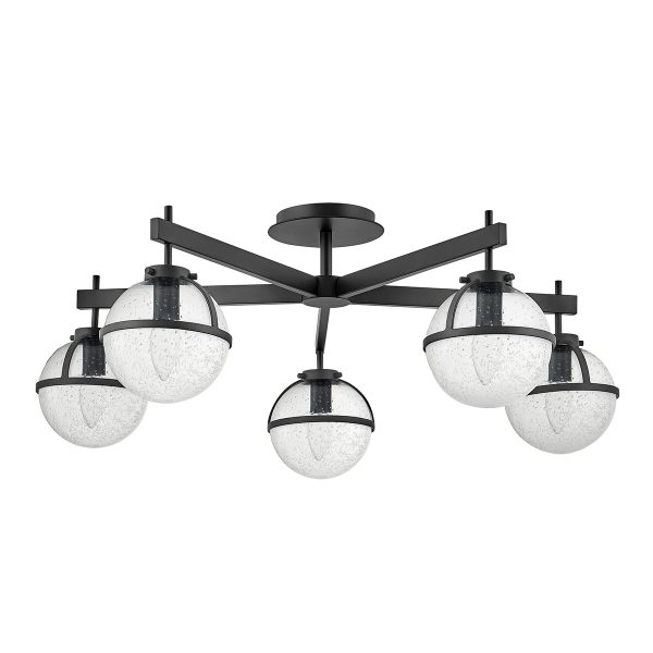 Hinkley Hollis large 5 light bathroom semi flush in black with seeded glass shades on white background.