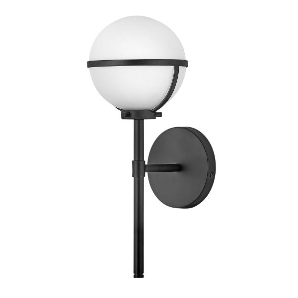 Hinkley Hollis 1 light bathroom wall light in black with opal glass shade on white background.