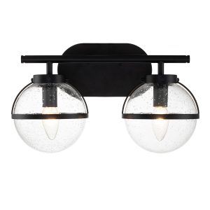 Hinkley Hollis 2 light bathroom wall light in black with seeded glass shades on white background, lit.