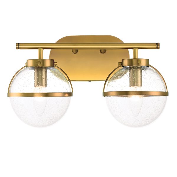 Hinkley Hollis 2 light bathroom wall light in heritage brass with seeded glass on white background, lit.