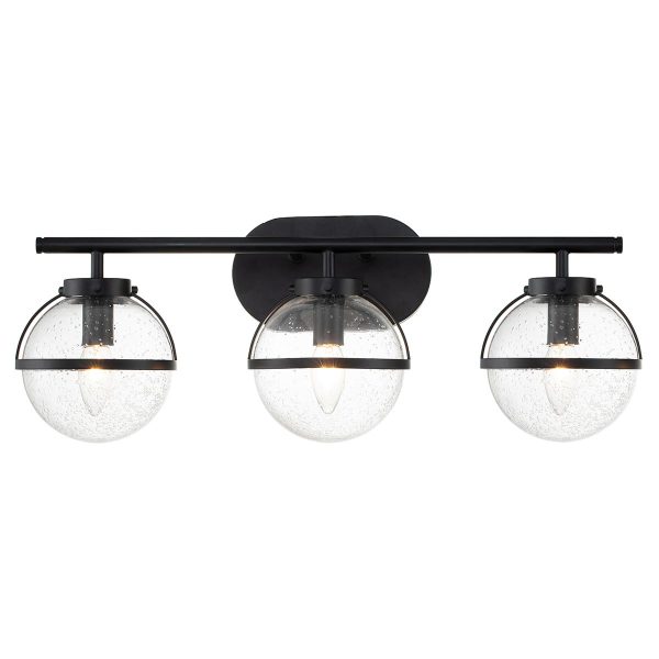 Hinkley Hollis 3 light bathroom mirror light in black with seeded glass shades on white background, lit.