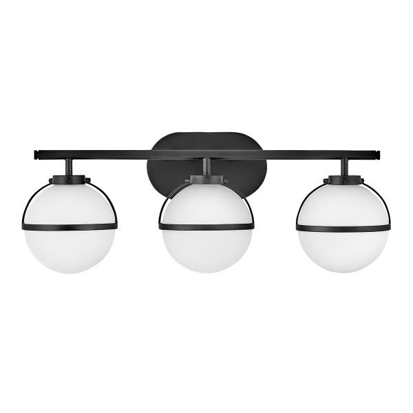 Hinkley Hollis 3 light bathroom mirror light in black with opal glass shades on white background.