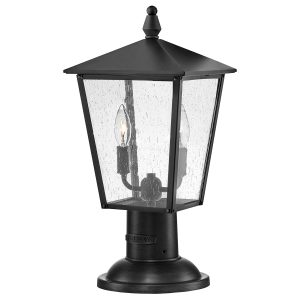 Hinkley Huntersfield 2 light outdoor pedestal lantern in black on white background.