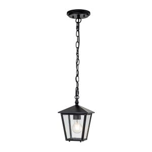 Hinkley Huntersfield 1 light small porch chain lantern in black, full height on white background, lit.