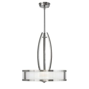 Hinkley Meridian Art Deco style 3 light pendant in brushed nickel on white background.