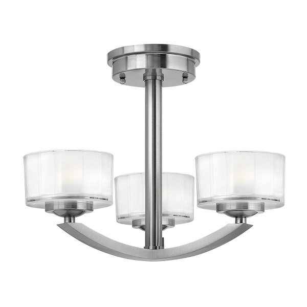 Meridian Art Deco style 3 light semi flush ceiling light in brushed nickel on white background.