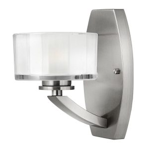 Hinkley Meridian Art Deco style single wall light in brushed nickel on white background.