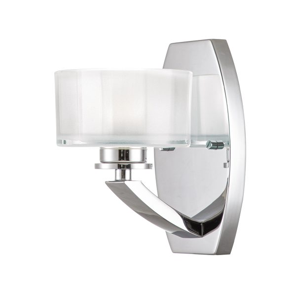 Hinkley Meridian Art Deco style bathroom wall light in brushed nickel on white background, lit.