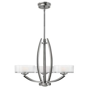 Hinkley Meridian Art Deco style 3 light chandelier in brushed nickel on white background.