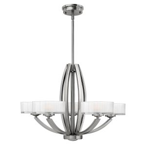 Hinkley Meridian Art Deco style 5 light chandelier in brushed nickel on white background.