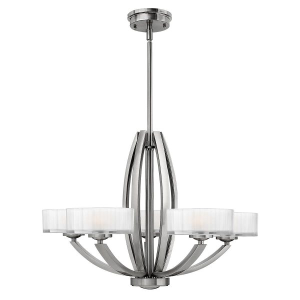 Hinkley Meridian Art Deco style 5 light chandelier in brushed nickel on white background.