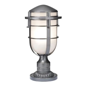 Hinkley Reef Art Deco style outdoor post top lantern with a hematite finish, lit on a white background.