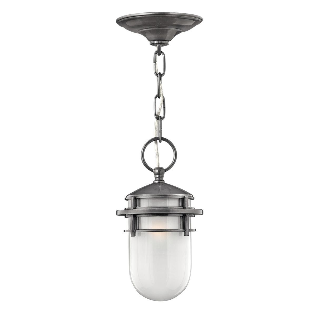 Hinkley Reef Art Deco style hanging outdoor porch light in a hematite finish, shown on a white background.