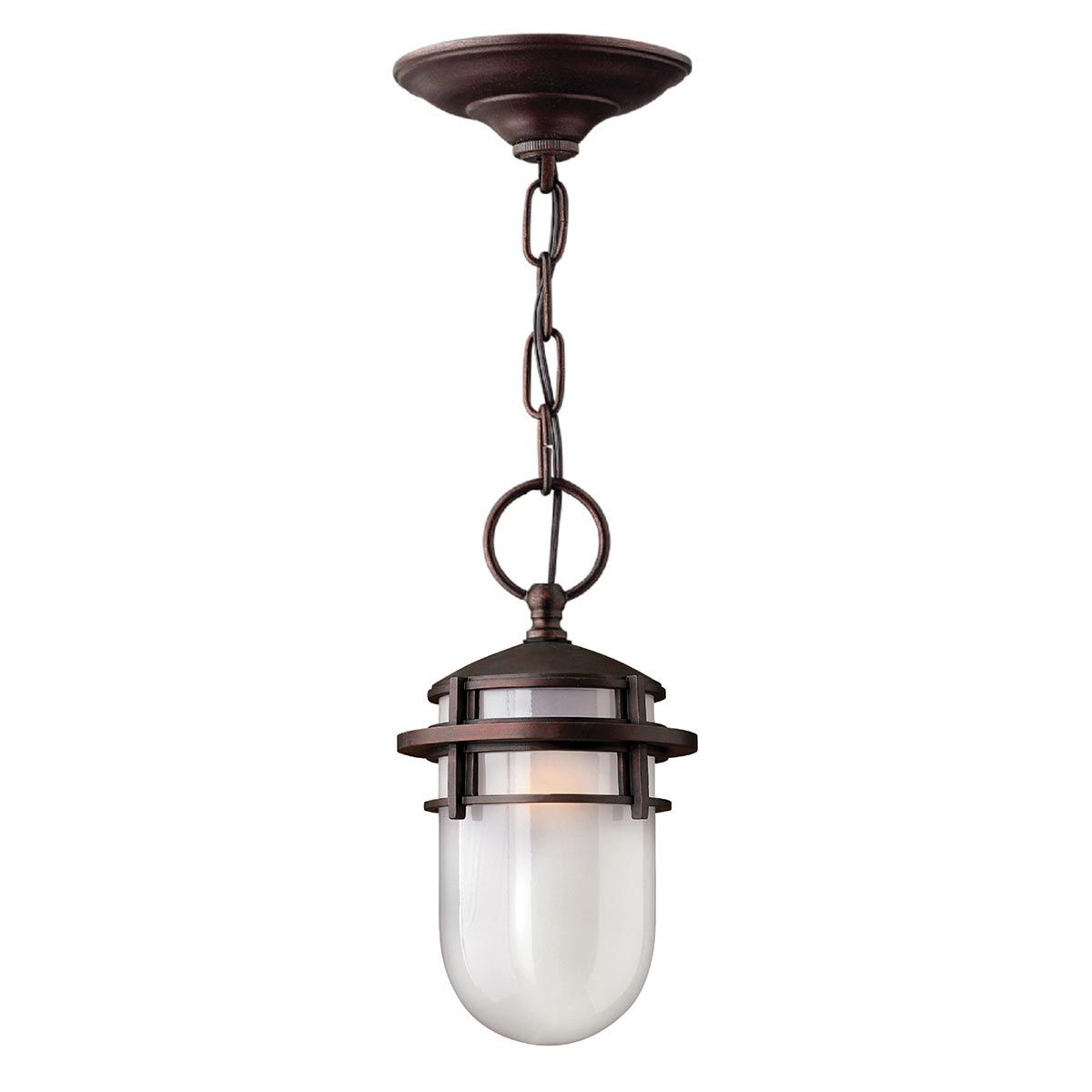 Hinkley Reef Art Deco style hanging outdoor porch light in a Victorian Bronze finish, on a white background.