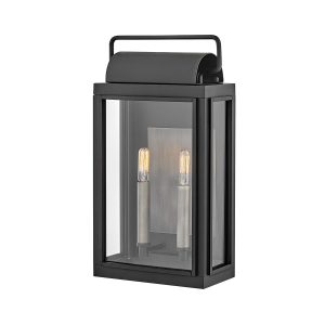 Hinkley Sag Harbor 2 light wall carriage lantern in black on white background.