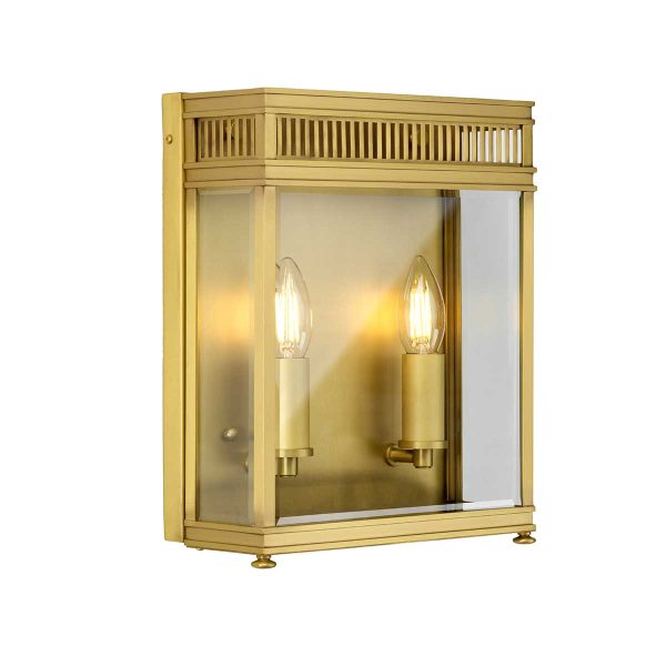 Elstead Holborn 2 light brushed solid brass outdoor wall lantern on white background, lit.