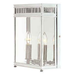 Elstead Holborn 2 light solid brass outdoor wall lantern in polished chrome on white background.