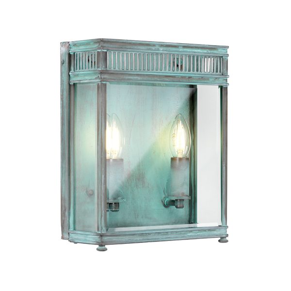 Elstead Holborn 2 light solid brass outdoor wall lantern in verdigris on white background, lit.