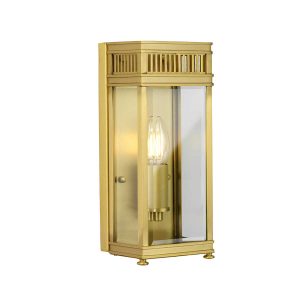 Elstead Holborn 1 light brushed solid brass outdoor wall half lantern on white background, lit.