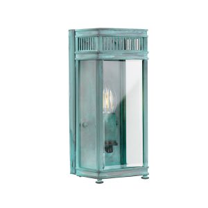 Elstead Holborn 1 light solid brass outdoor wall half lantern in verdigris, on white background, unlit.