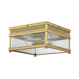 Elstead Holborn 2 light brushed solid brass flush porch lantern on white background.