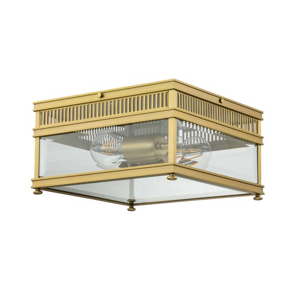 Elstead Holborn 2 light brushed solid brass flush porch lantern on white background.