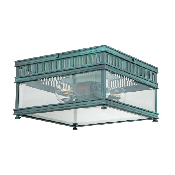 Elstead Holborn 2 light solid brass flush porch lantern in verdigris on white background.