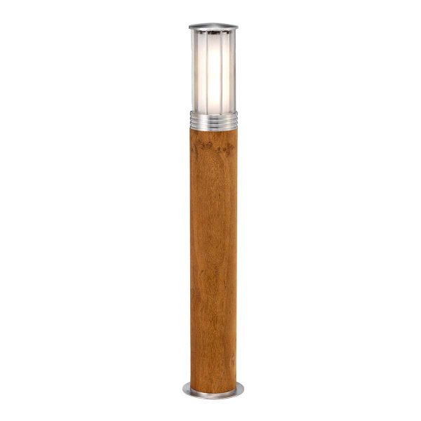 Elstead Hornsea 1 light outdoor bollard in 316 stainless steel and teak on white background.