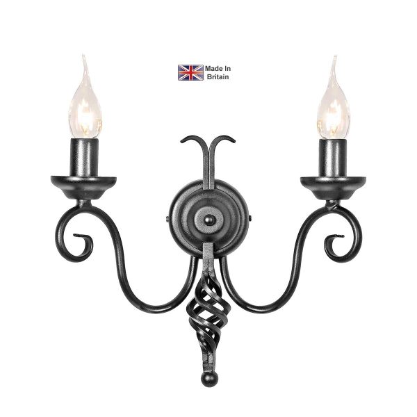 Elstead Harlech traditional ironwork twin wall light in black on white background.