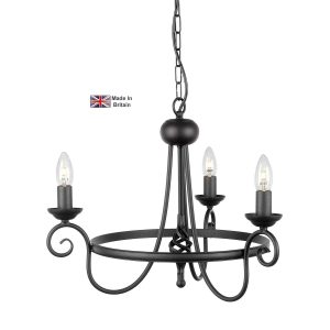 Elstead Harlech traditional ironwork 3 light chandelier in black on white background, lit.