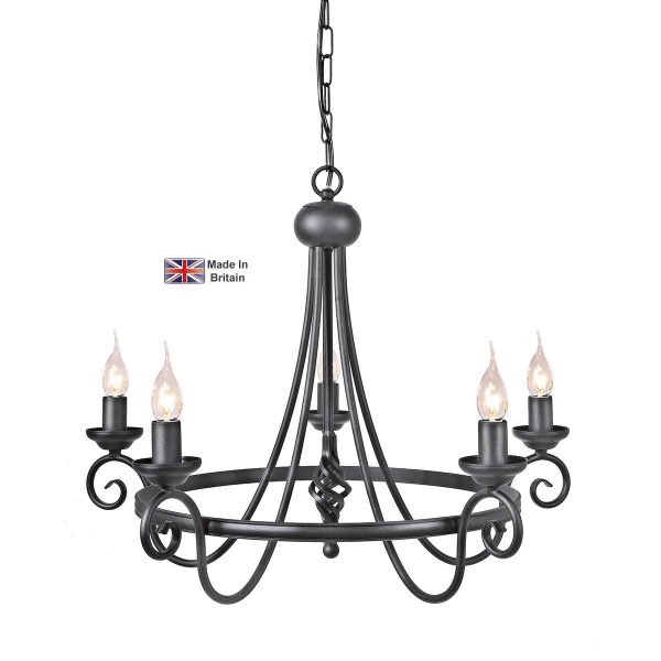 Elstead Harlech traditional ironwork 5 light chandelier in black on white background.