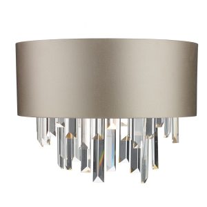 Hurley 2 light crystal wall light with bespoke fabric shade on white background lit