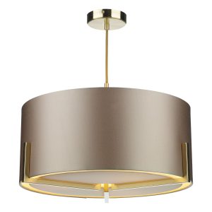 Huxley modern 3 light pendant in satin gold with bespoke fabric shade on white background lit