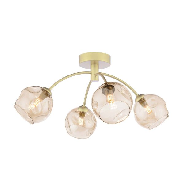 Izzy 4 arm semi flush ceiling light in gold with champagne glass shades on white background lit