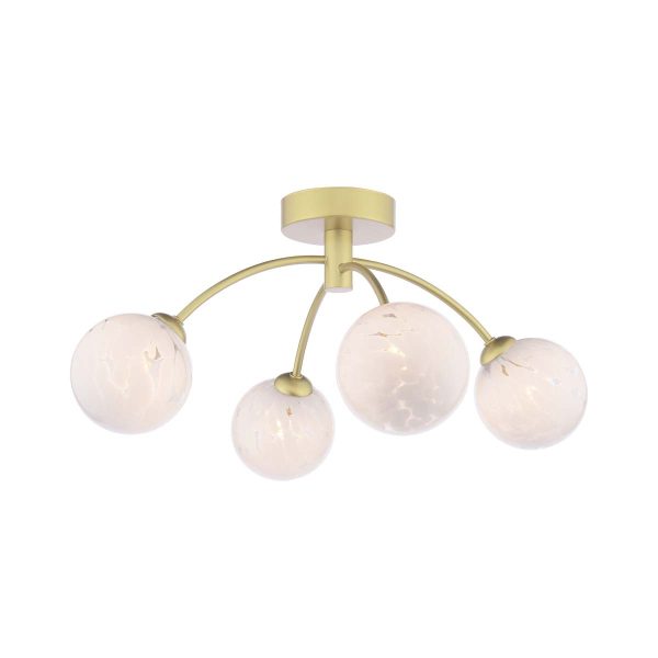 Izzy 4 arm semi flush ceiling light in gold with white confetti glass shades on white background lit