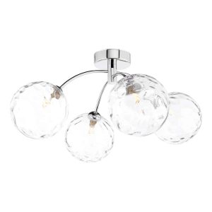 Izzy 4 arm semi flush low ceiling light in chrome with dimpled clear glass on white background lit