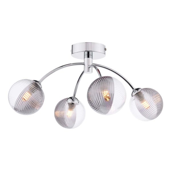 Izzy 4 arm semi flush ceiling light in polished chrome with clear and smoked ribbed glass shades on white background lit